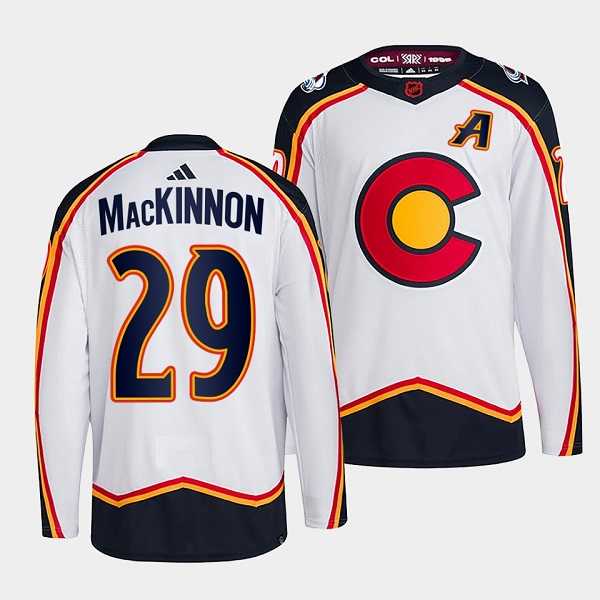 Mens Colorado Avalanche #29 Nathan MacKinnon White 2022-23 Reverse Retro Stitched Jersey